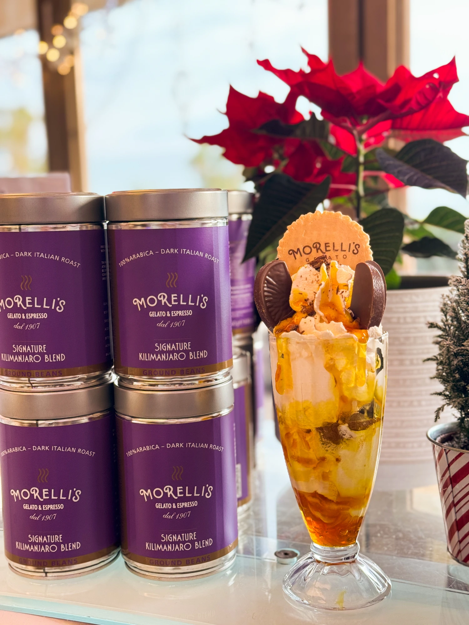 Morelli's espresso tins beside a caramel sundae